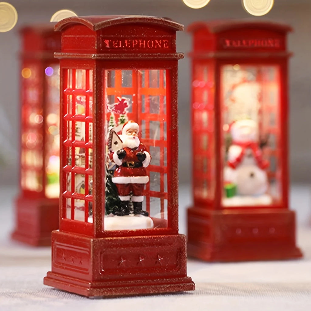 LED Christmas Phone Booth Decoration with Santa Claus, Snowman & Tree - Red Retro Telephone Booth Ornament With Light Home Decorator