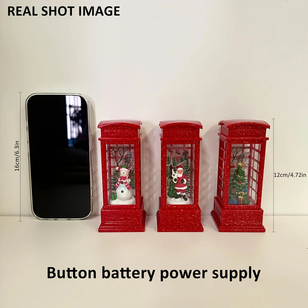 LED Christmas Phone Booth Decoration with Santa Claus, Snowman & Tree - Red Retro Telephone Booth Ornament With Light Home Decorator