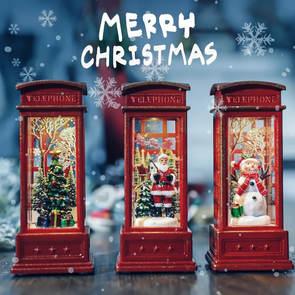 LED Christmas Phone Booth Decoration with Santa Claus, Snowman & Tree - Red Retro Telephone Booth Ornament With Light Home Decorator