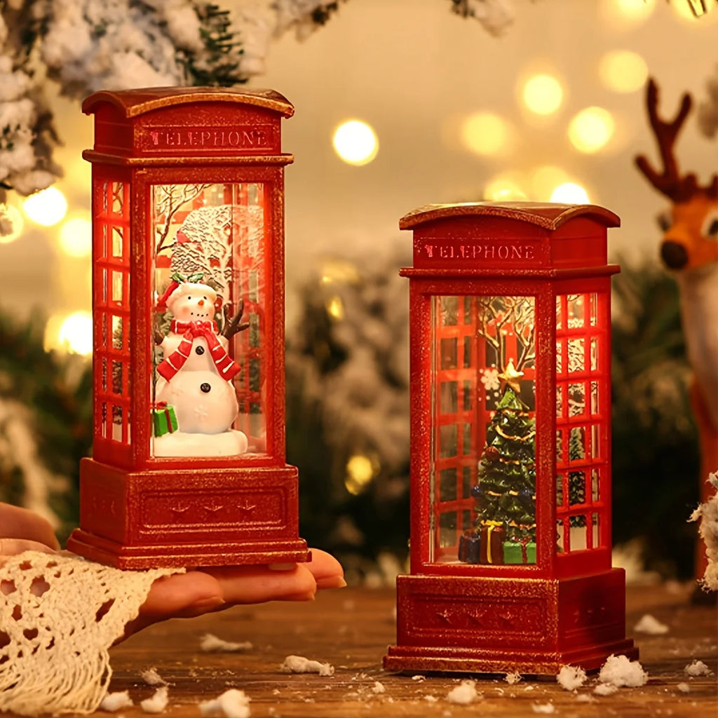 LED Christmas Phone Booth Decoration with Santa Claus, Snowman & Tree - Red Retro Telephone Booth Ornament With Light Home Decorator