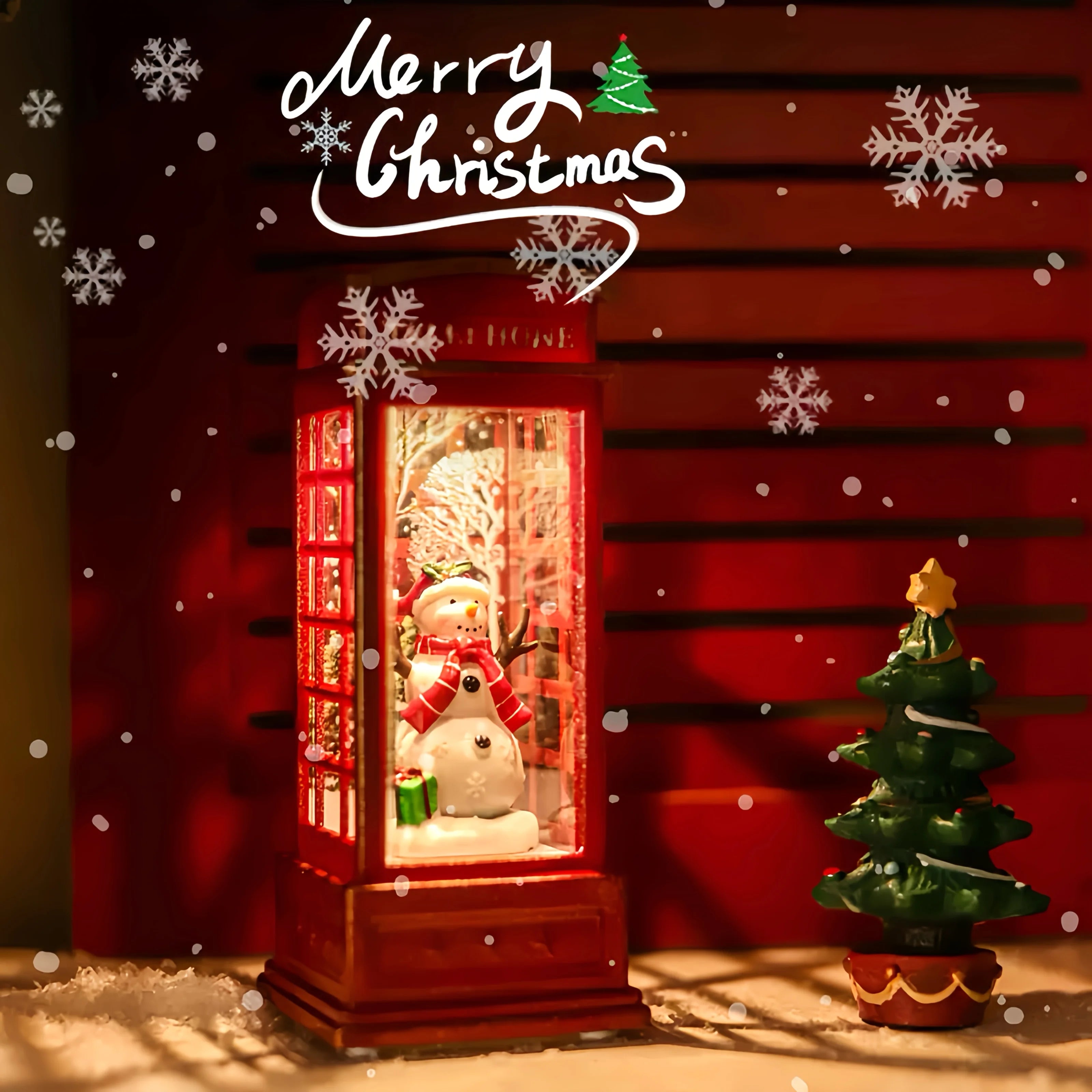 LED Christmas Phone Booth Decoration with Santa Claus, Snowman & Tree - Red Retro Telephone Booth Ornament With Light Home Decorator
