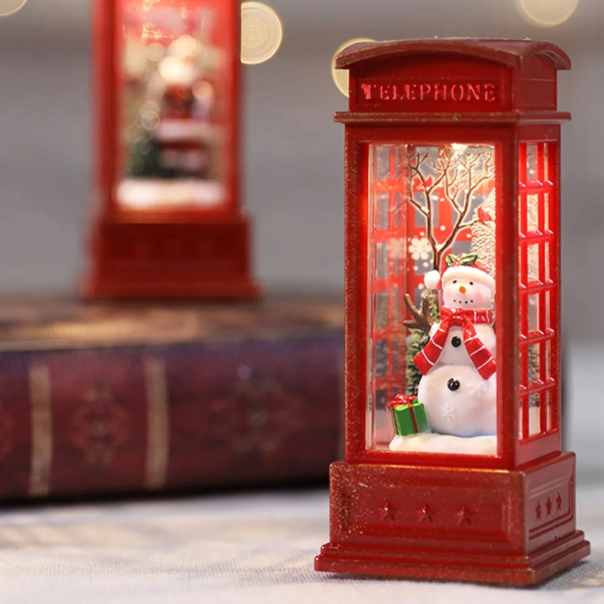 LED Christmas Phone Booth Decoration with Santa Claus, Snowman & Tree - Red Retro Telephone Booth Ornament With Light Home Decorator
